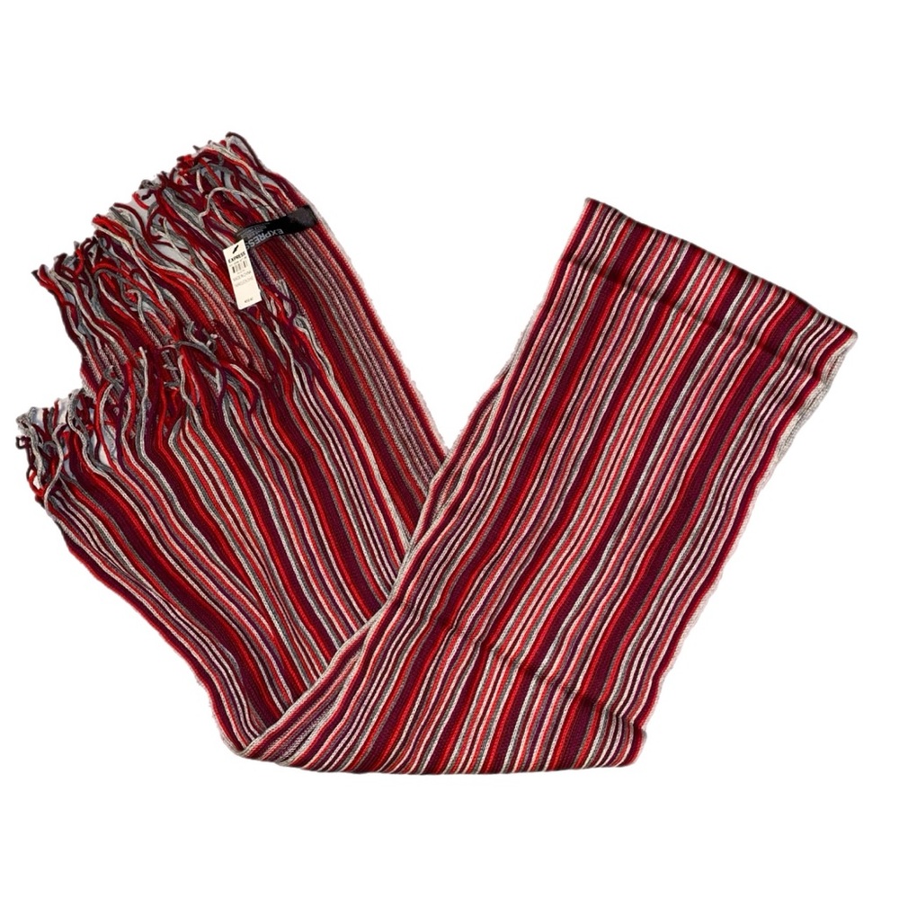 Express Vibrant Red white and gray striped long skinny knit cotton scarf NWT